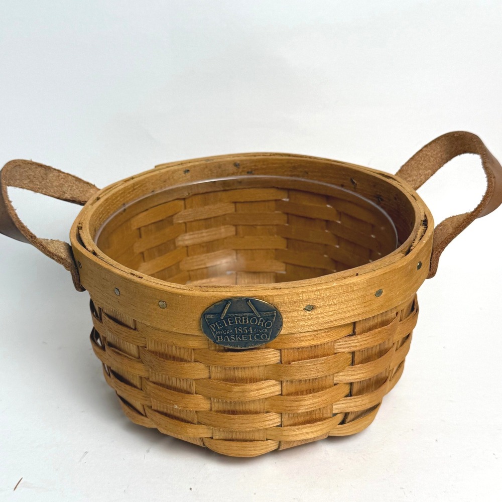 Peterboro Basket‎ Co Round Woven Wood Basket with Leather Handles and Liner 7in